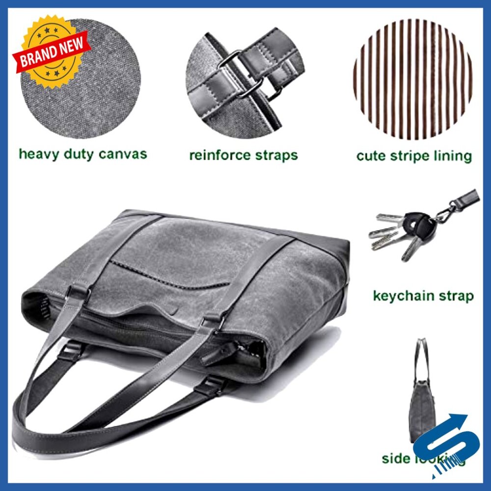 Canvas Tote Bag with Compartments Work Travel Office Laptop Shoulder Bag - Picture 6 of 7